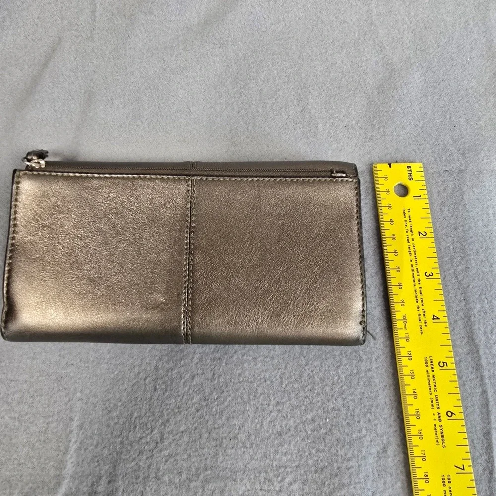 Coach Metallic Bronze Leather Pleated Trifold Wallet Snap Closure 12 Card Slots